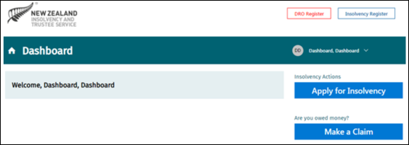 Screenshot of dashboard screen showing Apply for insolvency and Make a claim buttons.