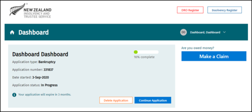 Screenshot of dashboard screen showing application details and tracked progress.