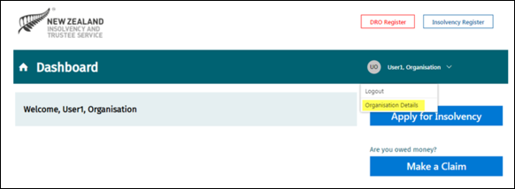 Screenshot of organisation administrators dashboard screen.